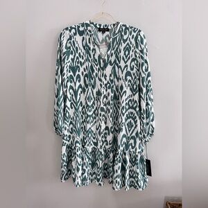 RACHEL ZOE Green And White Printed Button Down Ruffle Hem Dress